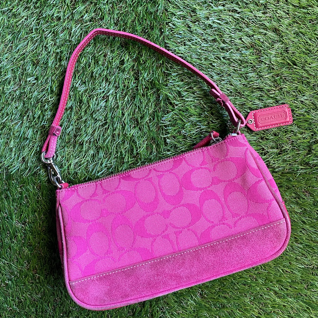 バッグ Coach Signature Demi Leather Pouch Pink COACH Signature Demi Mini Pouch Shoulder Bag Canvas Leather